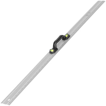 Long metal ruler with a level built into the handle on a white background
