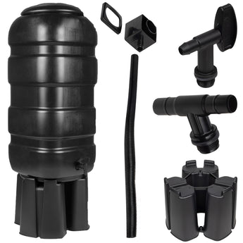 Black water butt with various components alongside it, including a large cylindrical tank, various connectors, and a flexible hose on a white background.
