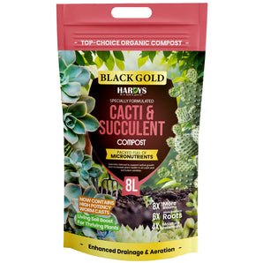 Hardy's Black Gold Cacti & Succulent Compost packaging with images of cacti and succulents on a white background.