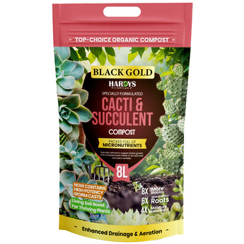Hardy's Black Gold Cacti & Succulent Compost packaging with images of cacti and succulents on a white background.