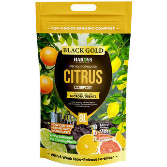Hardys Black Gold Citrus Compost packaging with images of citrus fruits on a white background