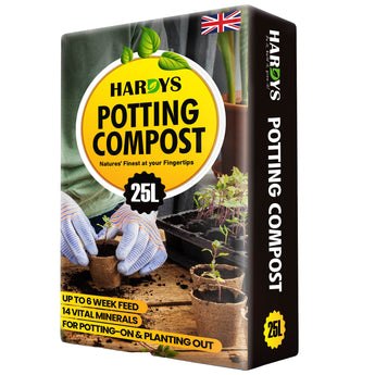 Bag of Hardys Potting Compost with gardening imagery on a white background