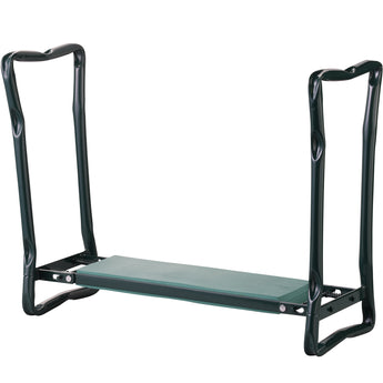 Black metal garden seat with a green cushion on a white background