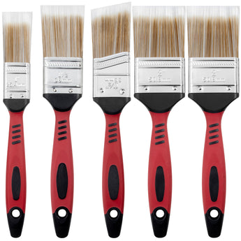 Set of five paint brushes with red handles and silver ferrules on a white background