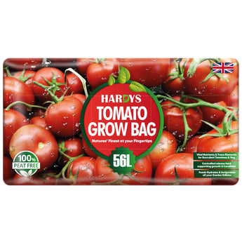 Hardys tomato grow bag packaging featuring a design of multiple tomatoes that take up the entirety of the bag, on a white background.