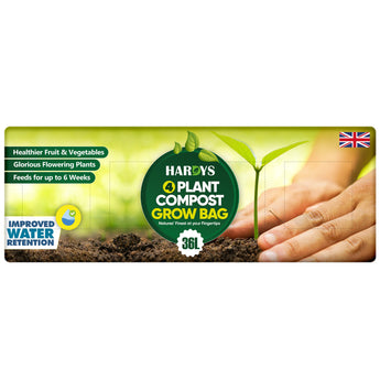 Hardy's 4 Plant Compost Grow Bag packaging with a hand holding soil