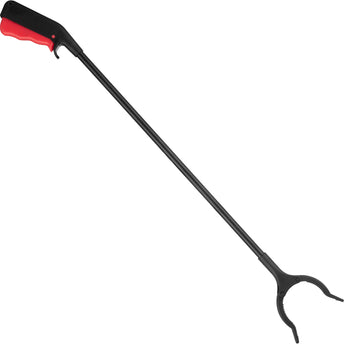 Long-handled reacher grabber tool with a red handle on a white background
