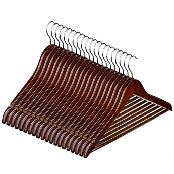Set of brown wooden coat hangars with silver hooks on a white background