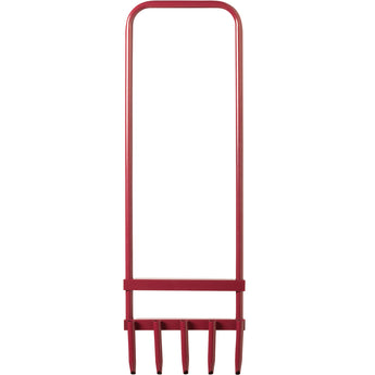 Red garden aerator with 5 tines on a white background
