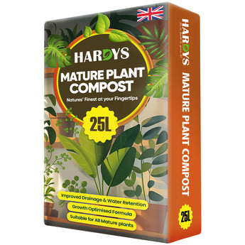 Hardys Mature Plant Compost packaging with plant imagery and text on a white background