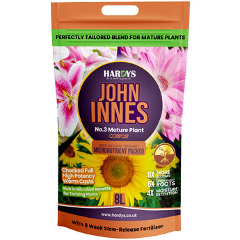 John Innes number 3 compost packaging with flowers on a white background