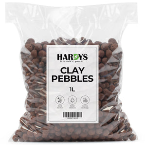 Bag of Hardys Clay Pebbles within clear packaging with a label on the front with a white background