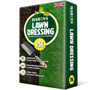 Hardys Lawn Dressing packaging with trowel and grass texture on a white background
