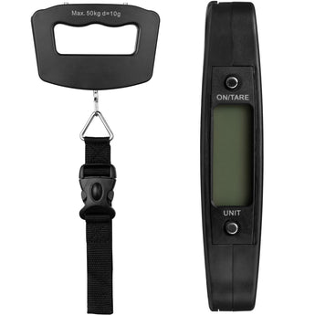 Black digital luggage scale with a strap on a white background