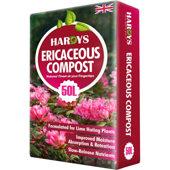 Box of Hardys Ericaceous Compost with pink flowers and British flag on a white background