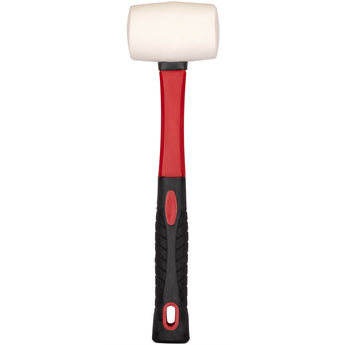 White mallet with a red and black handle on a white background