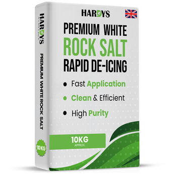 Hardy's Premium White Rock Salt packaging on a white background. Text on packaging reads 'Hardys Premium White Rock Salt, Rapid de-icing, fast application, clean and efficient, high purity.'