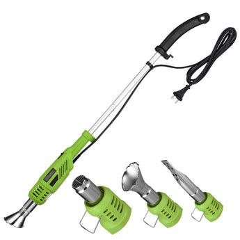 Green weed burner tool with different nozzle head attachments on a white background