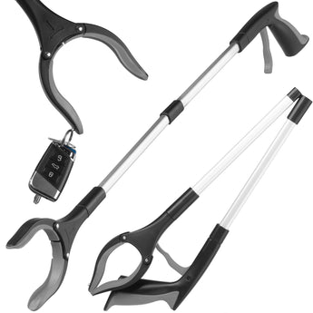 Two black and silver reacher grabbers on a white background