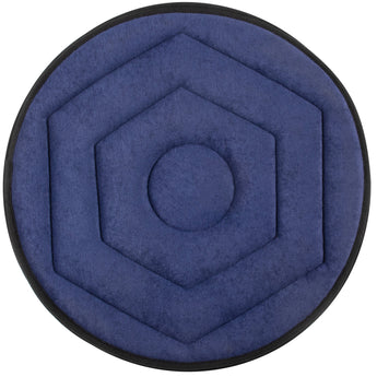Blue circular rotating cushion with a hexagonal pattern shot from above on a white background