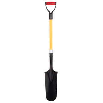 Black shovel with a yellow handle on a white background