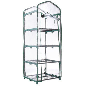 Clear 4 tier greenhouse with metal frame and roll up front on a white background