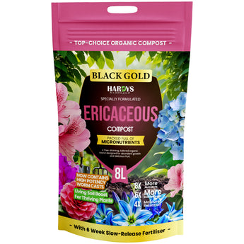 Bag of Black Gold Hardys Ericaceous Compost with floral design including vibrant blue, pink and purple flowers on a white background