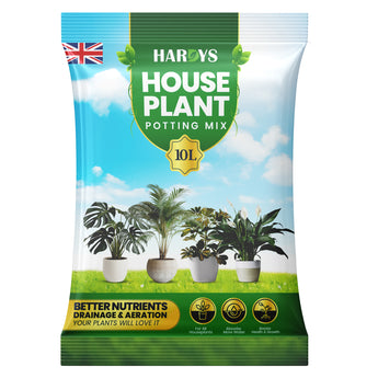 Hardys House Plant Potting Mix packaging with images of potted plants on a white background