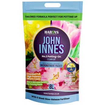 John Innes No.2 Potting-On Compost packaging with colorful flowers on a white background