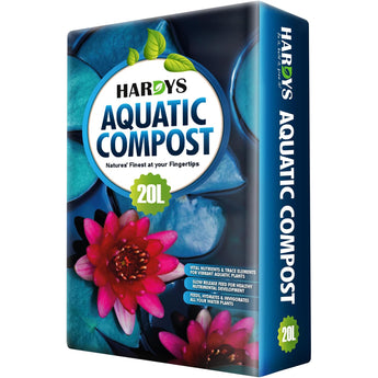 Box of Hardys Aquatic Compost with floral design on a white background
