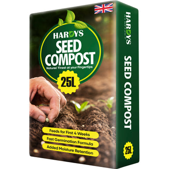 Hardys Seed Compost packaging with a hand planting a seed and soil background.