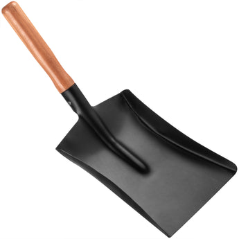 Black metal hand shovel with a wooden handle on a white background