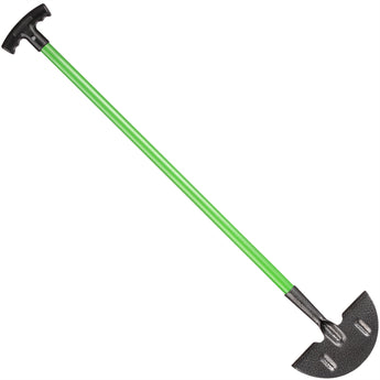 Garden lawn edger tool with green shaft and black head on a white background