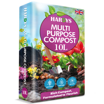 Box of Hardys Multi Purpose Compost 10L with gardening imagery on a white background