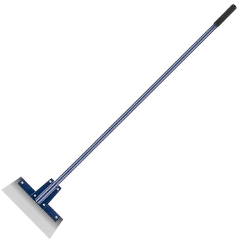 Blue scraper tool with a long handle on a white background
