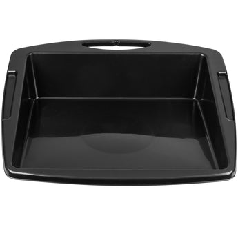 Black plastic garden tray with a handle on a white background