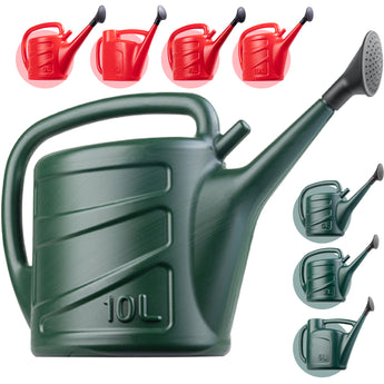 Large green watering can with multiple smaller variations around it on a white background