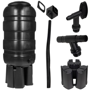 Black water butt with various  components alongside it, including a large cylindrical tank, various connectors, and a flexible hose on a white background.