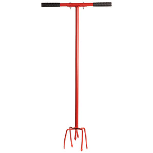 Red garden cultivator fork with six prongs, and a long T-shape handle with black grips on a white background