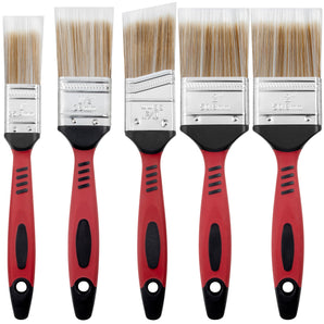 Set of five paint brushes with red handles and silver ferrules on a white background