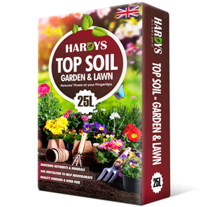 Hardys Top Soil Garden & Lawn packaging with garden imagery and British flag.
