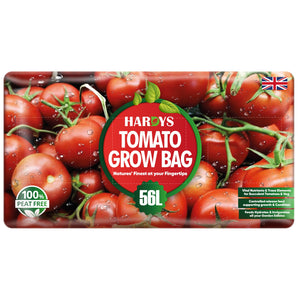 Hardys tomato grow bag packaging featuring a design of multiple tomatoes that take up the entirety of the bag, on a white background.