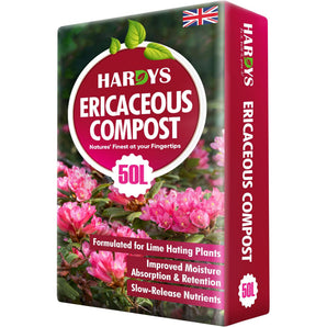 Box of Hardys Ericaceous Compost with pink flowers and British flag on a white background