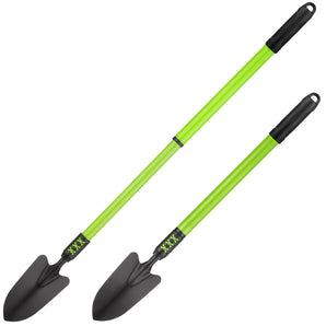 Two extendable garden trowels side-by-side, one is extended and one is shortened, with green handles on a white background