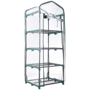 Clear 4 tier greenhouse with metal frame and roll up front on a white background