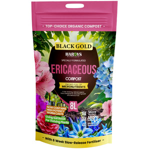 Bag of Black Gold Hardys Ericaceous Compost with floral design including vibrant blue, pink and purple flowers on a white background