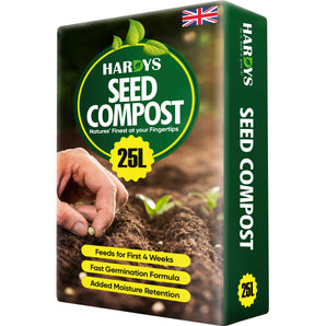 Hardys Seed Compost packaging with a hand planting a seed and soil background.