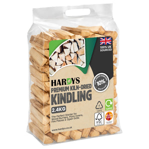 Packaged premium kiln-dried kindling with Hardy's branding on a white background